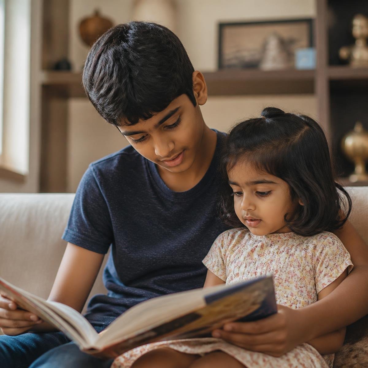 An older sibling reading a picture book with a younger child at home