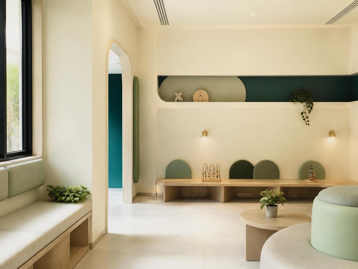 Minimal waiting room with ivory walls, sage seating and soft daylight