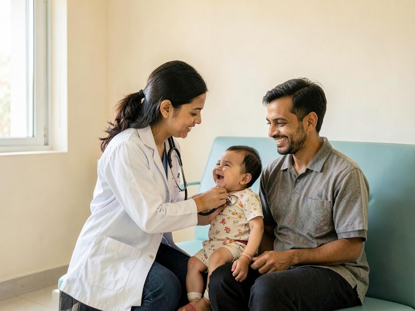 A pediatrician listening to a baby's chest while the father holds the child