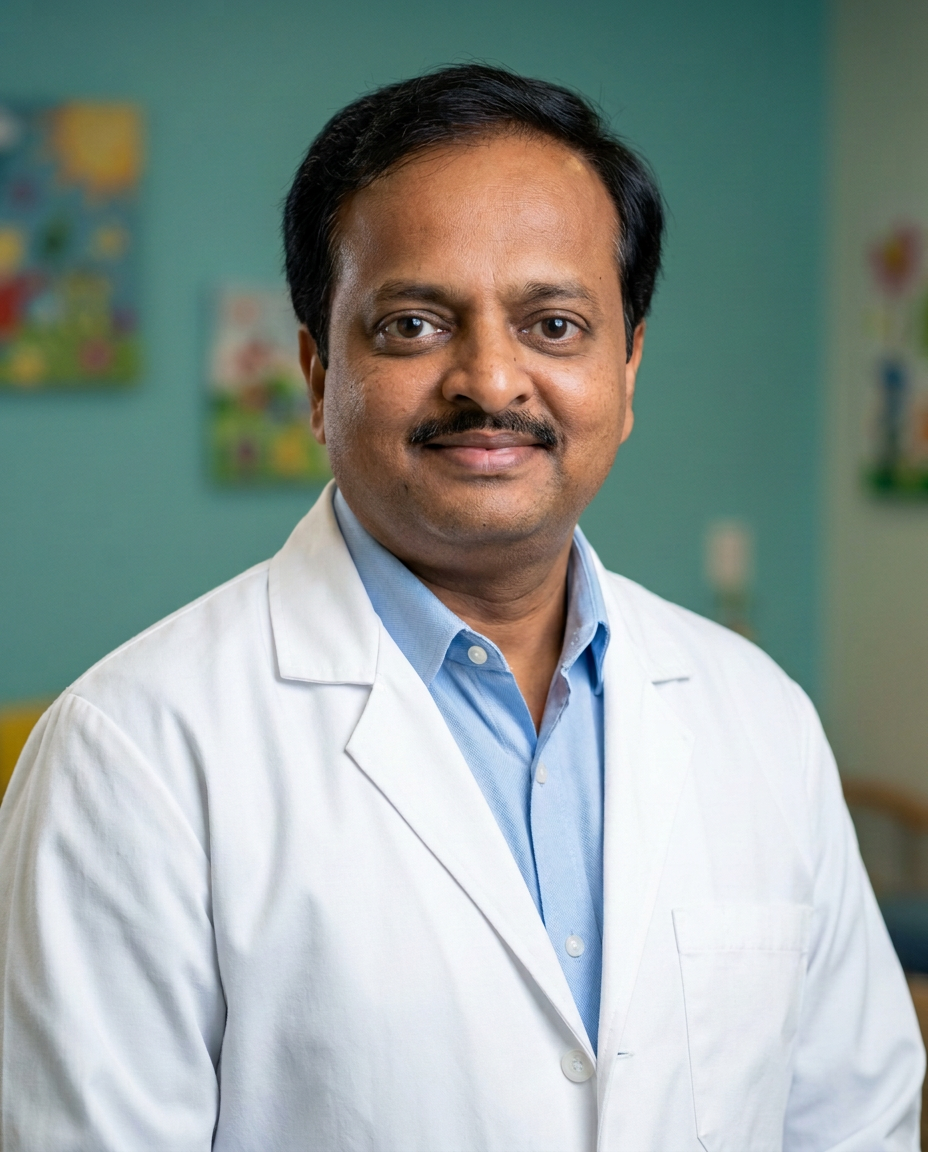 Portrait of the pediatrician at Sphoorty Children's Hospital in a white coat