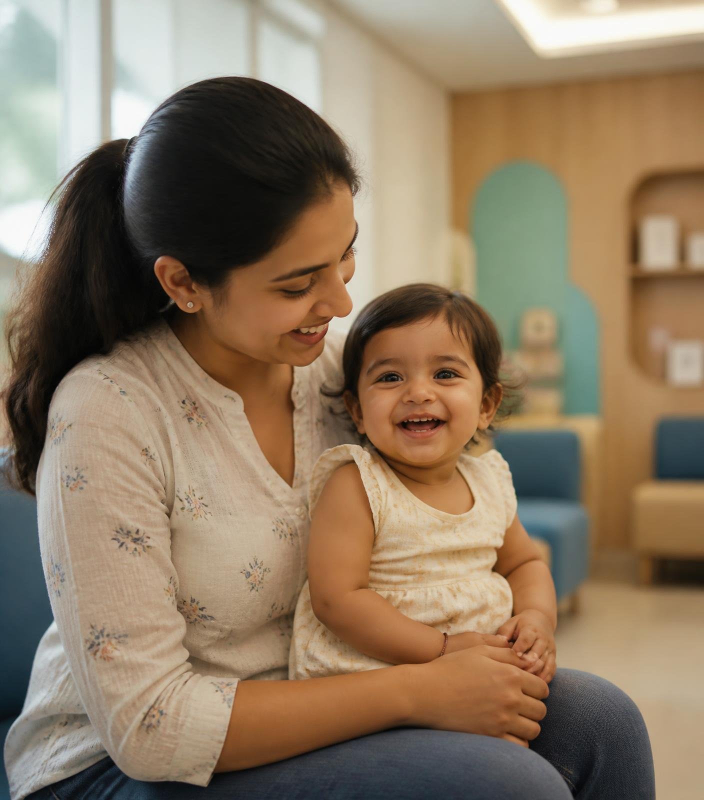 A mother holding her smiling toddler in the waiting area of a calm children's hospital